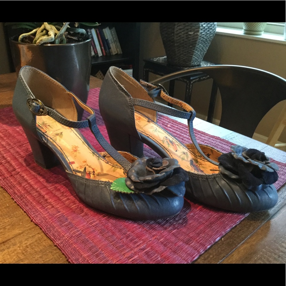 Unique Blue Flower T-strap Heels